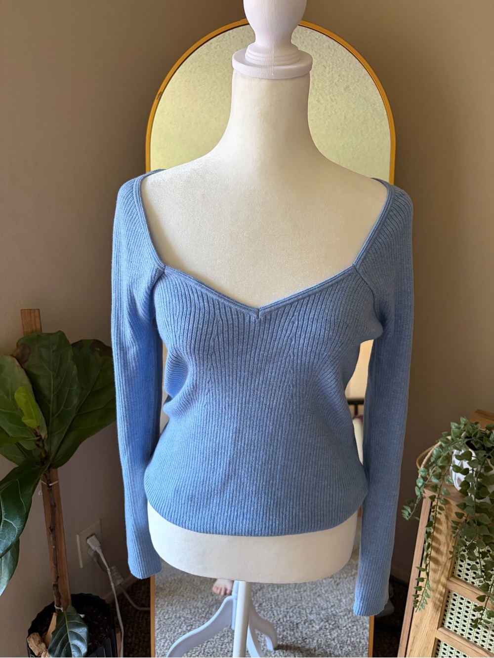 Amour Vert Powder Blue Off-the-Shoulder Ribbed Sweater
